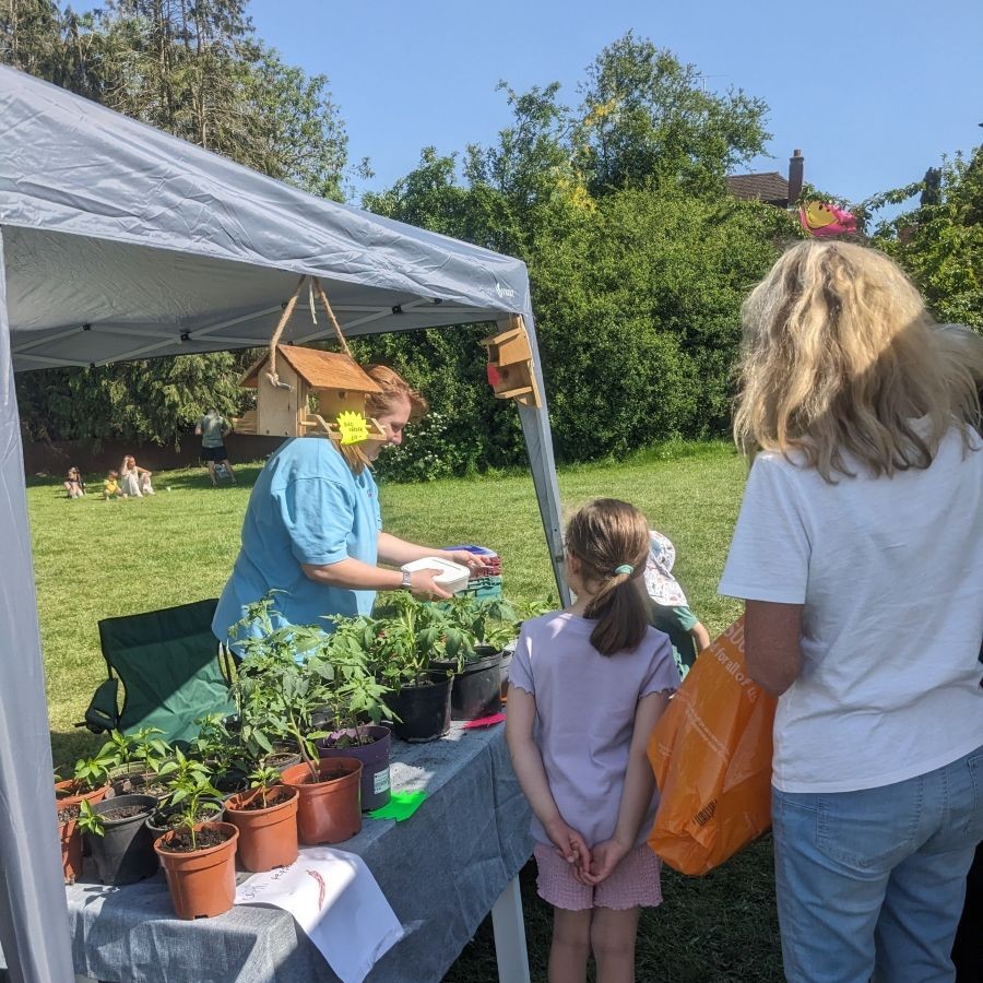 A lady at an outdoor plant stall selling a plant to a child